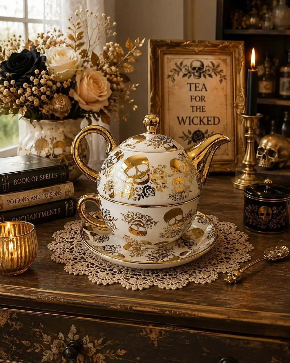 New Gold / White Skull Halloween Party Ceramic Tea Pot Teapot & Cup W/ Saucer